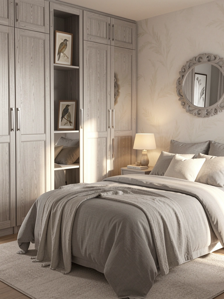 Armário alto de madeira clara com portas espelhadas, cama queen-size com roupa de cama cinza, abajur sobre criado-mudo e moldura com pássaro na prateleira, luz natural.