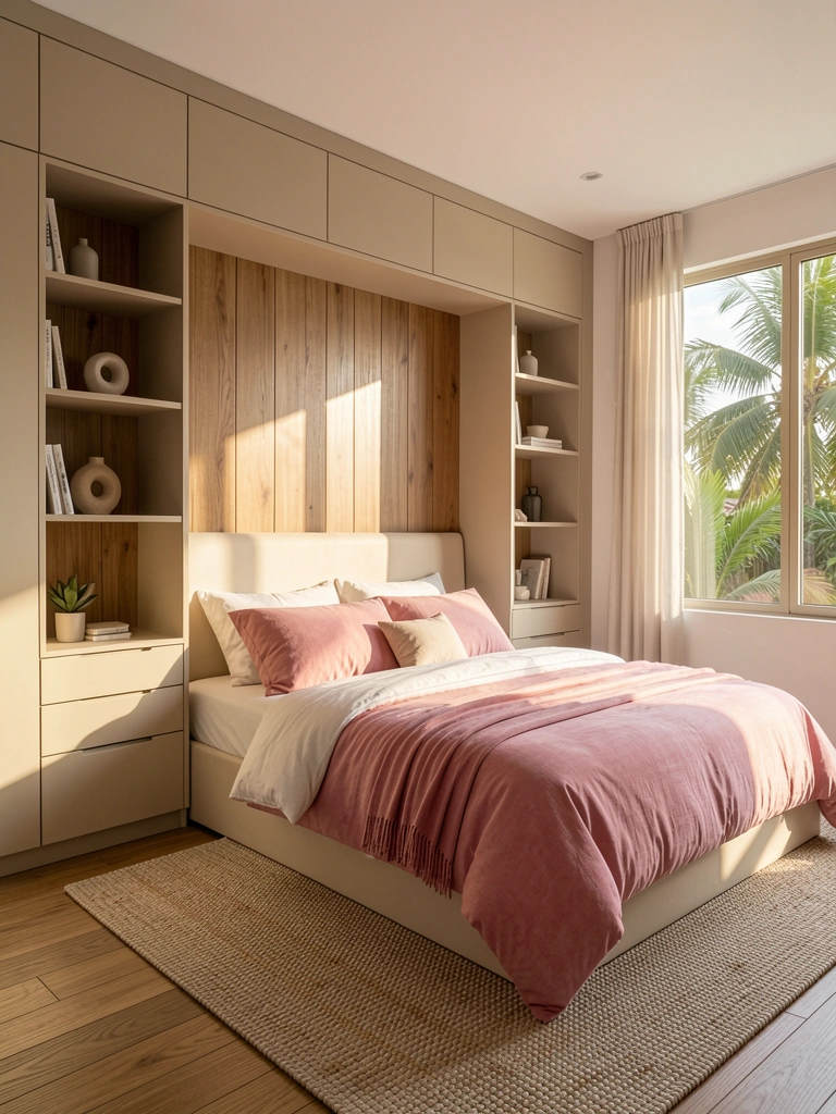 Luz natural incide sobre cama com edredom rosa e branco, cabeceira de madeira e armários embutidos bege com prateleiras e gavetas.