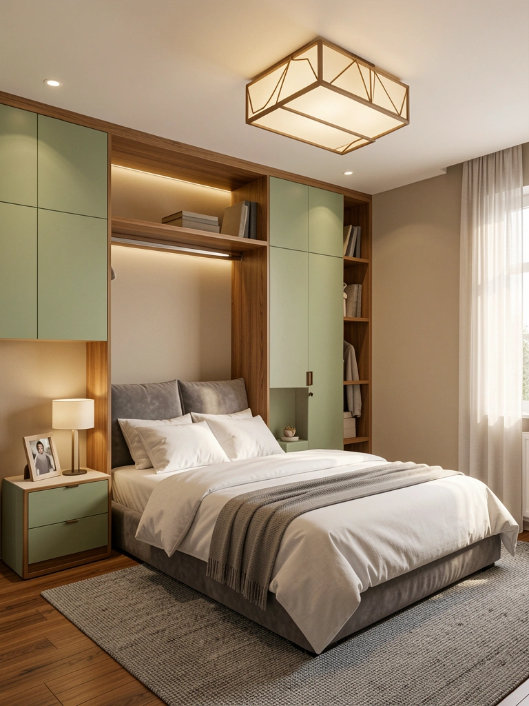 Armário modular verde claro com detalhes em madeira, cabeceira estofada cinza e cama com roupas de cama brancas, iluminação embutida e claridade natural.