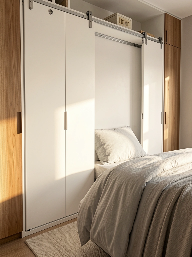 Luz natural incide sobre armários brancos com portas de correr e puxadores embutidos, cama com edredom cinza claro e caixa decorativa 