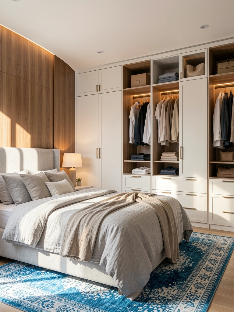 Guarda-roupa de madeira e branco com portas e gavetas, cama cinza com edredom texturizado e almofadas, tapete azul e branco, luz natural do dia.