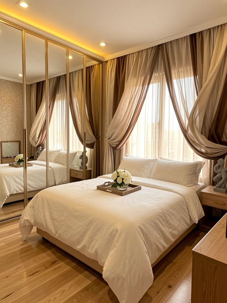 Guarda-roupas espelhados do chão ao teto com iluminação embutida, cama king-size com edredom branco e bandeja com buquê, cortinas bege e marrom e piso de madeira clara.