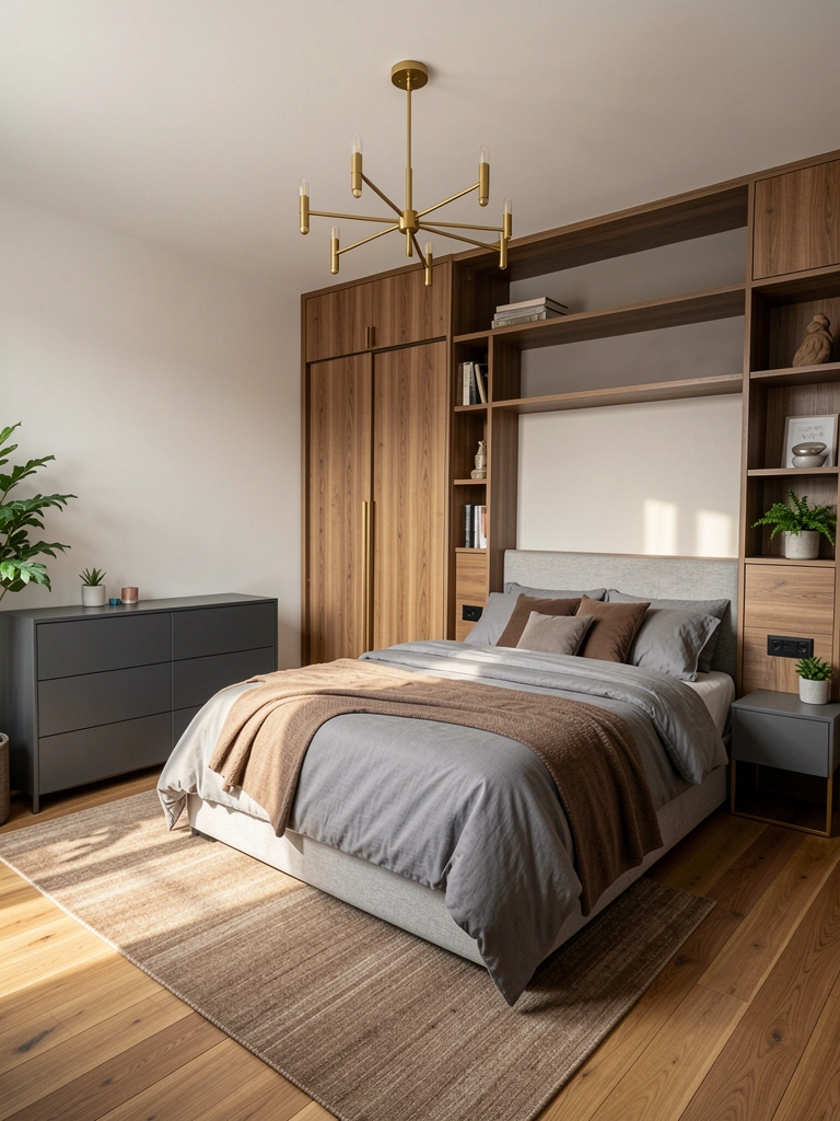 Cama com edredom cinza e marrom, cômoda escura, luminária pendente dourada e planta verde sob luz natural.