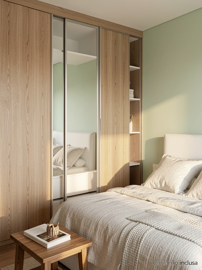 Guarda-roupa embutido com portas espelhadas refletindo o quarto, cama com roupa de cama de linho texturizado e mesa lateral com livro, tudo sob luz natural suave.