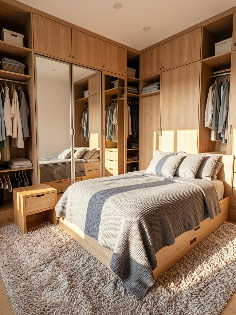Cama com manta cinza texturizada e almofadas claras, guarda-roupas de madeira clara com portas espelhadas, tapete felpudo e luz natural entrando pela janela.