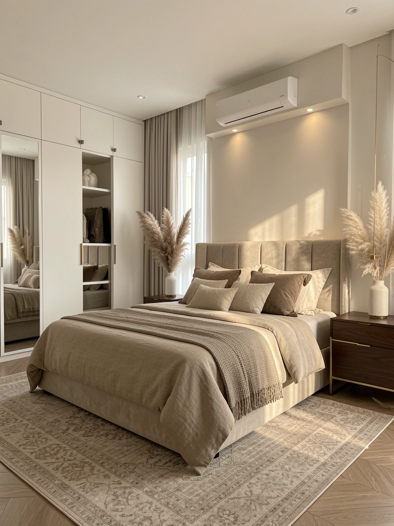 Cama estofada com roupa de cama bege e almofadas em taupe e creme, sob cabeceira minimalista com iluminação embutida, ao lado criados-mudos escuros com detalhes dourados.