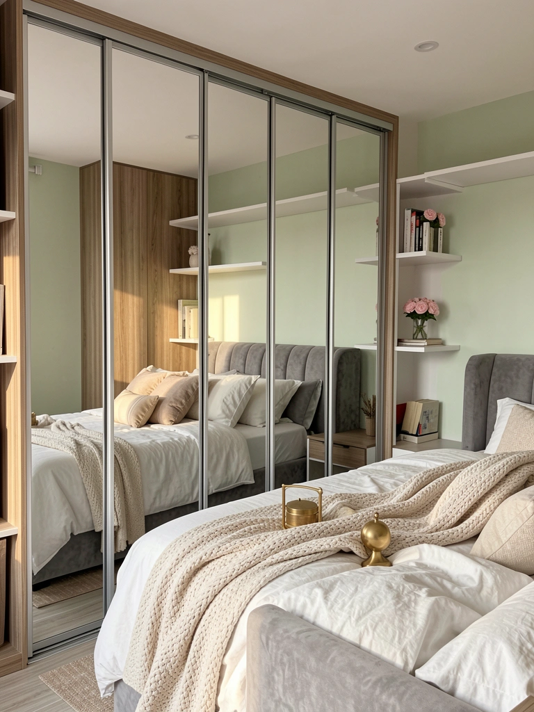 Armário com seis portas espelhadas reflete cama acinzentada e edredom branco, com prateleiras de madeira clara exibindo arranjo floral e livros.