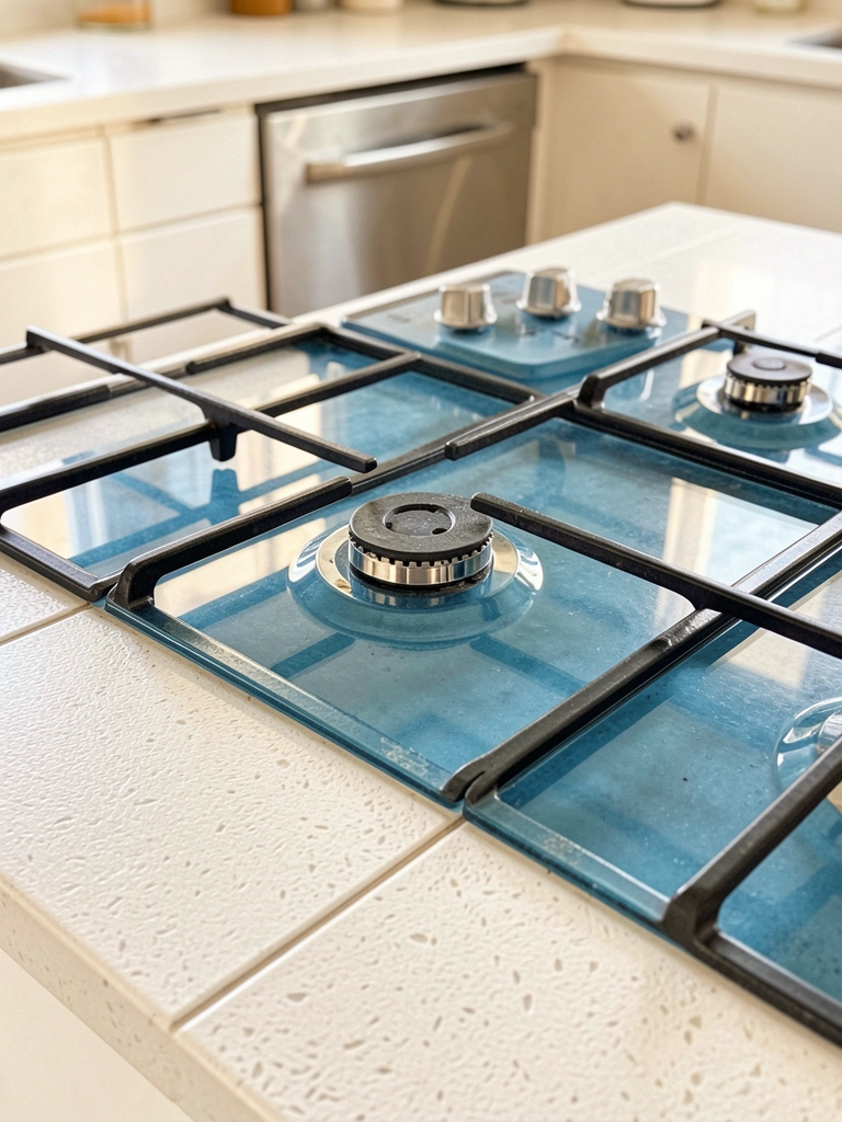 Bancada branca texturizada com fogão de vidro azul e queimadores cromados, luz natural incide sobre os detalhes metálicos.