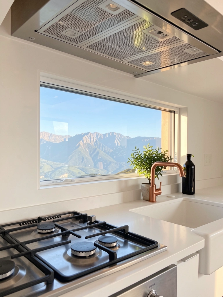 Bancada branca com fogão inox, pia funda, torneira cobre e vaso com folhas verdes; janela reflete montanhas e céu azul.