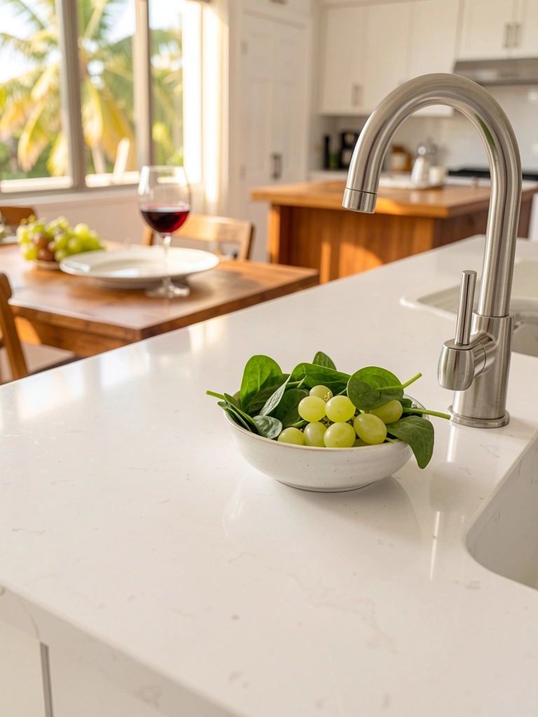 Bancada de quartzo branco com pia de aço inoxidável e tigela de espinafre e uvas verdes, luz natural de cozinha branca e ilha de madeira.