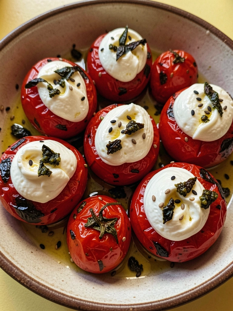 Travessa com queijo de búfala e tomates cereja, regada com azeite e folhas de manjericão fresco.