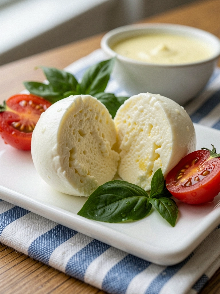 Fatia de queijo de búfala com tomate cereja, textura cremosa visível