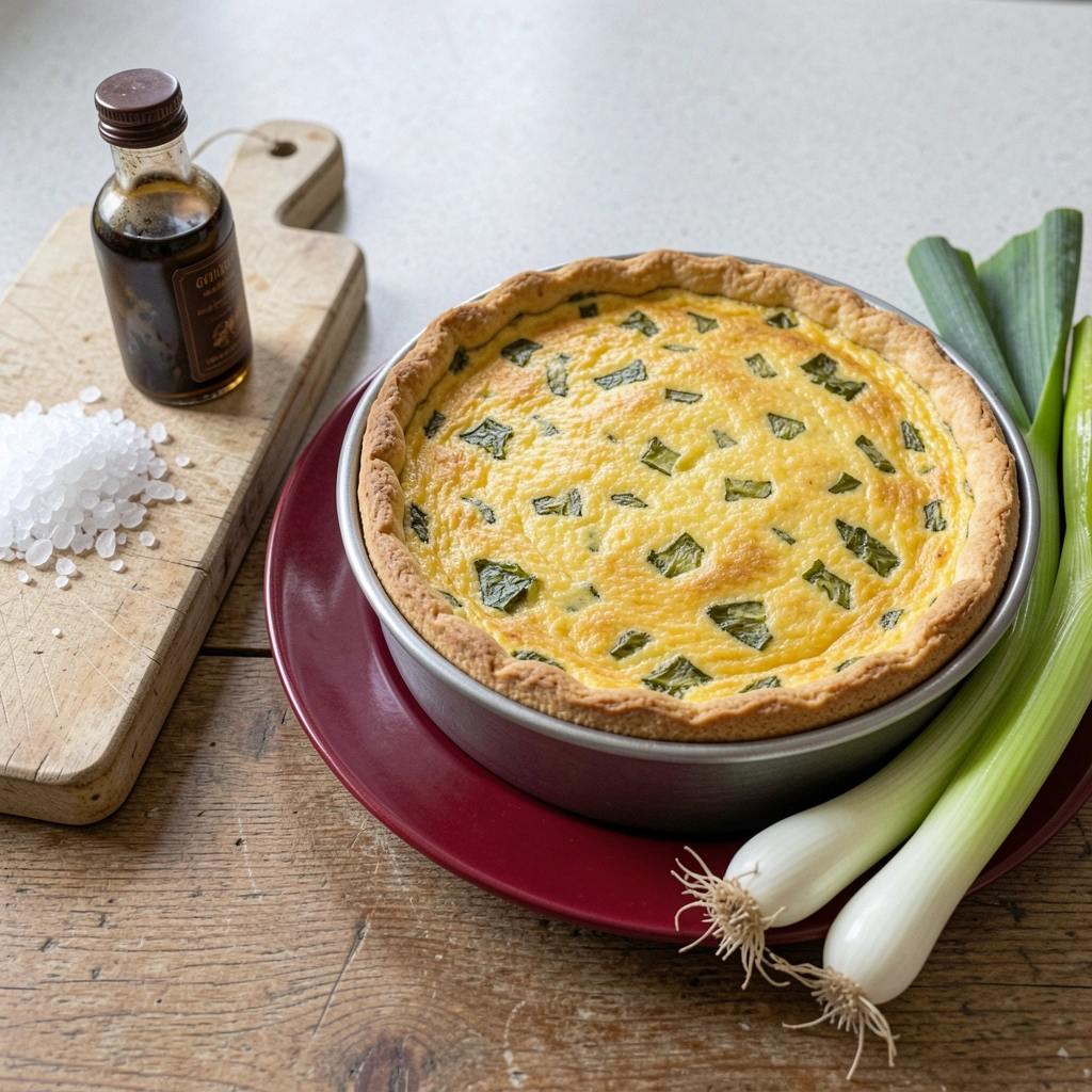 Quiche de alho-poró dourada em forma de fundo removível sobre mesa rústica de madeira.