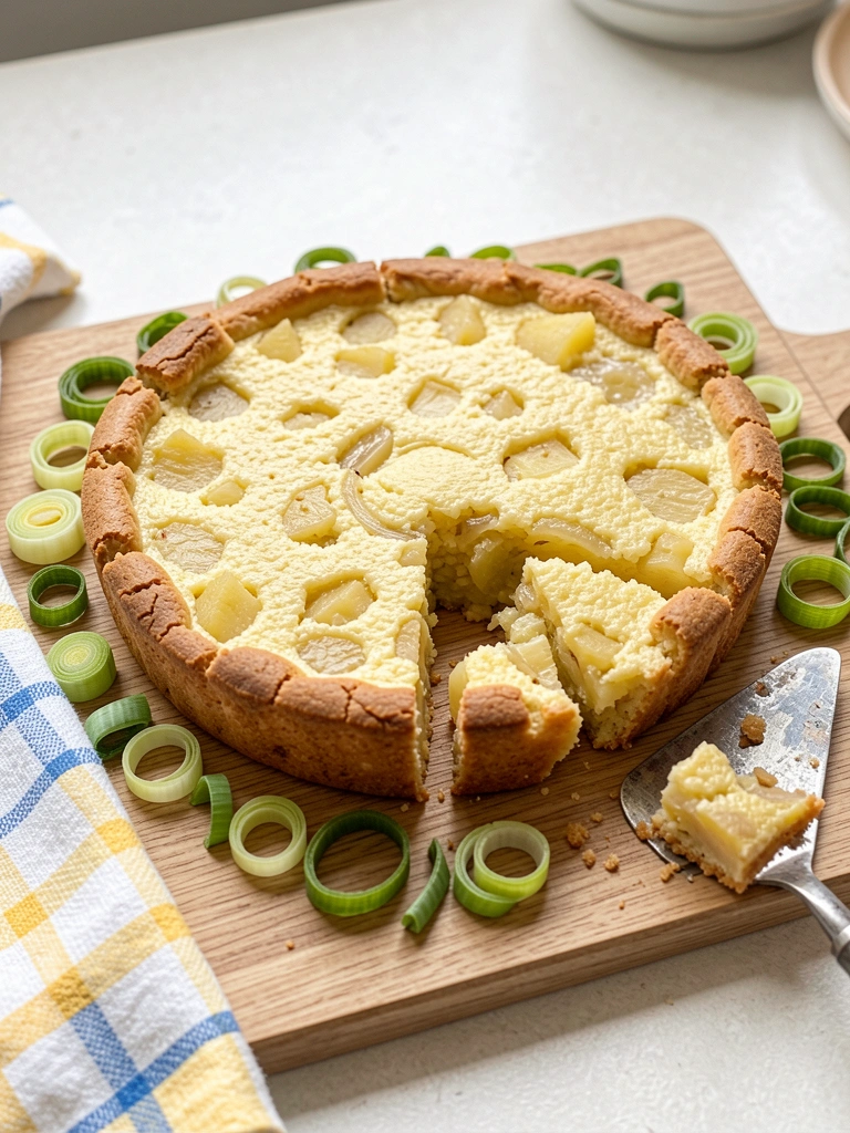 Quiche de alho-poró em fatia sobre prato branco, com massa dourada e recheio cremoso