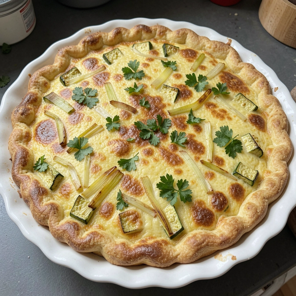 Quiche de alho-poró em forma redonda sobre superfície clara, com fatias visíveis e borda dourada