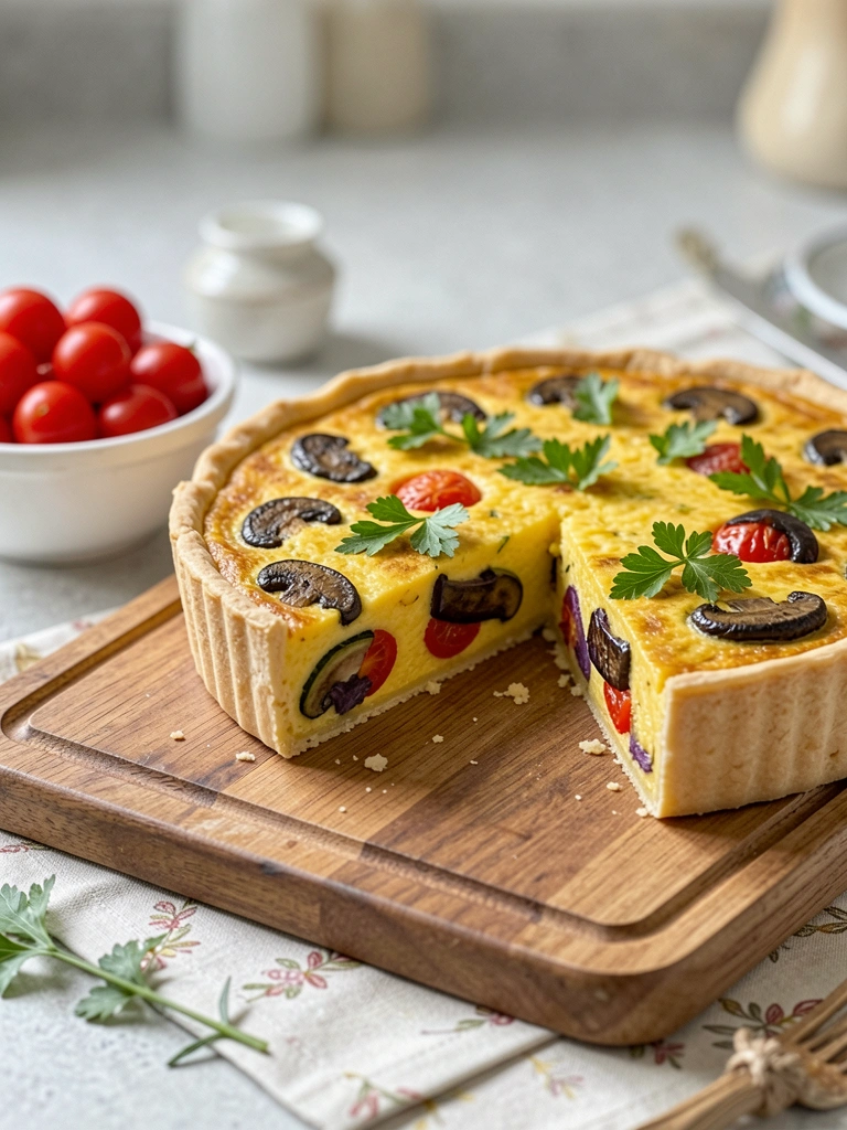 Quiche de legumes dourada inteira sobre travessa, cortada em fatias, mesa decorada.