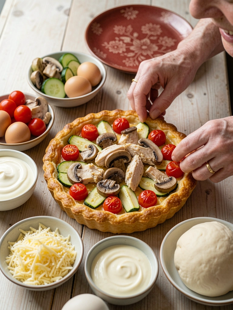 Tigelas com legumes picados, ovos, creme de leite, queijo ralado e massa dispostas sobre uma bancada.