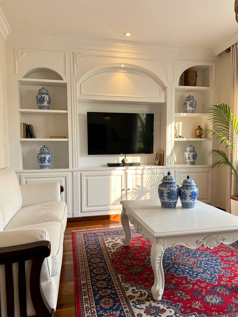 Prateleiras embutidas brancas com TV, mesa de centro de madeira entalhada, tapete oriental vermelho e azul, vasos de porcelana azul e branca, sofá branco com moldura escura, luz natural.