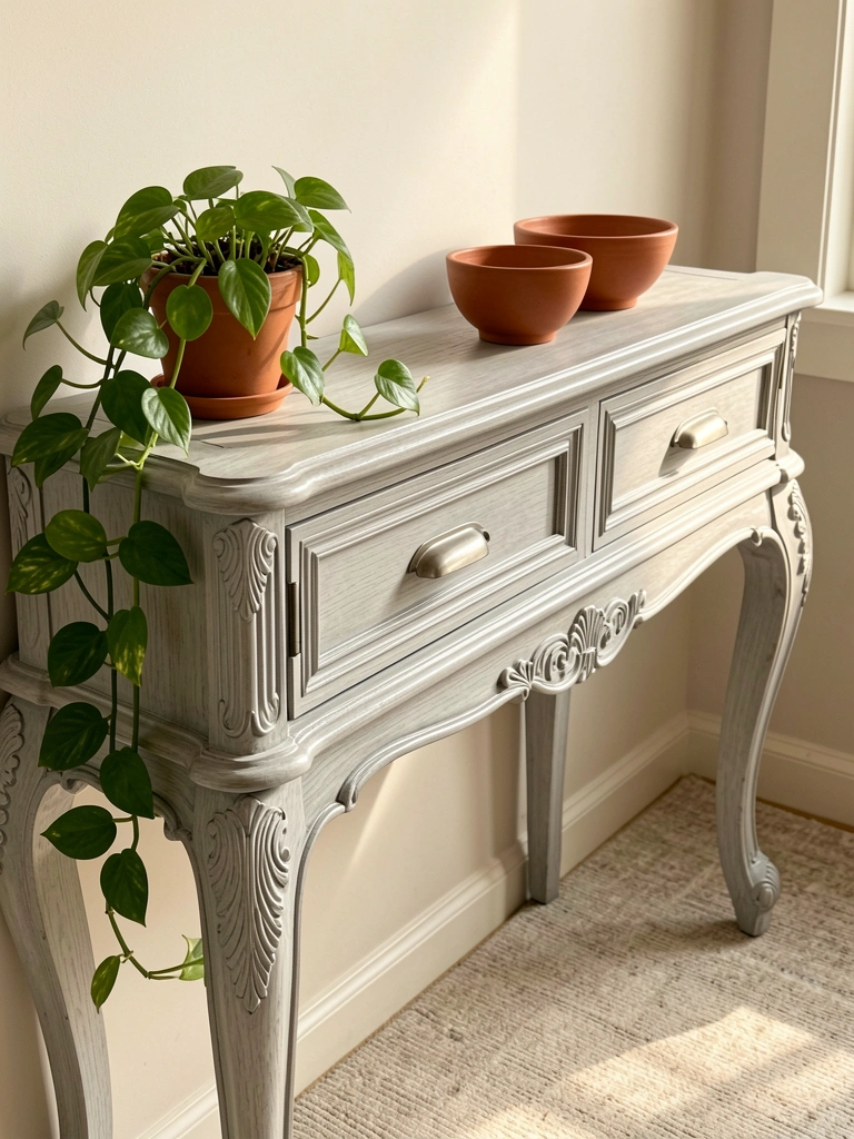 Mesa de madeira clara com detalhes entalhados, vasos de cerâmica terracota e planta pendente, luz natural suave e sombras sutis.