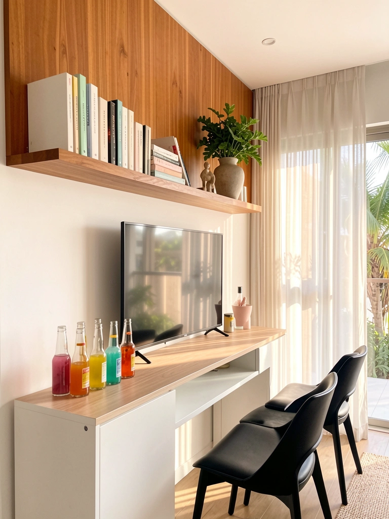 Console branco com TV moderna e garrafas coloridas, estante com livros e vaso verde, luz natural de janela com cortina leve.