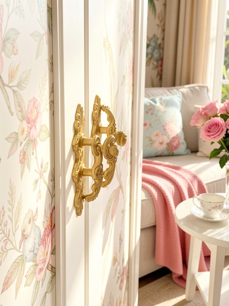Armário branco com puxadores dourados ornamentados, papel de parede floral, sofá claro e almofada floral azul e rosa, mesa com buquê de rosas e xícara de porcelana, luz solar suave.