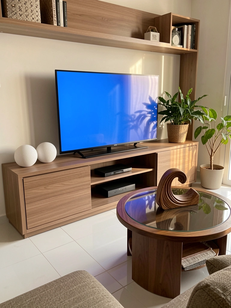 Prateleira de madeira clara com TV de tela grande emitindo luz azul, esferas brancas decorativas e vaso de planta verde, piso de porcelanato branco.