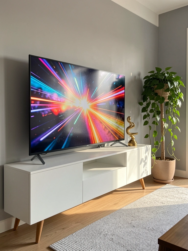 TV branca sobre móvel de madeira com pés finos, escultura dourada e vaso pendurado, luz natural e parede cinza clara.