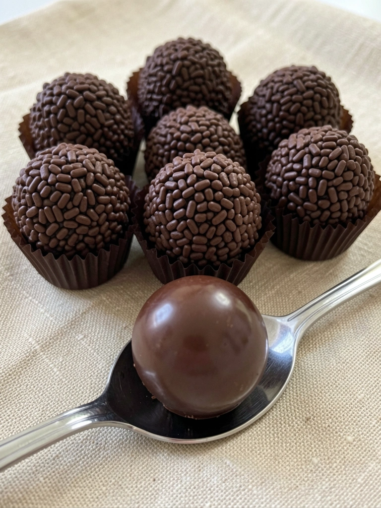 Colher com brigadeiro gourmet ao lado de brigadeiro tradicional em formas de papel