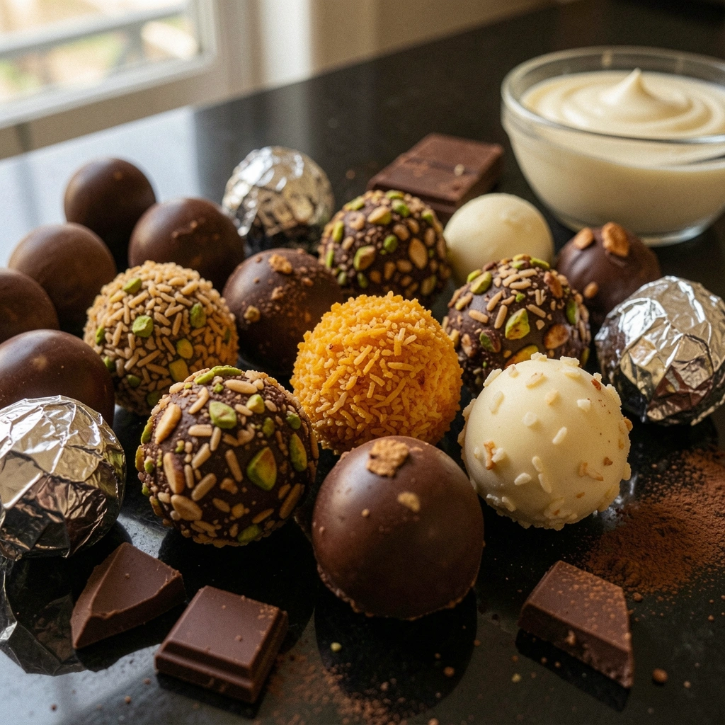 Barra de chocolate ao leite, cacau em pó e creme de leite sobre uma superfície de mármore