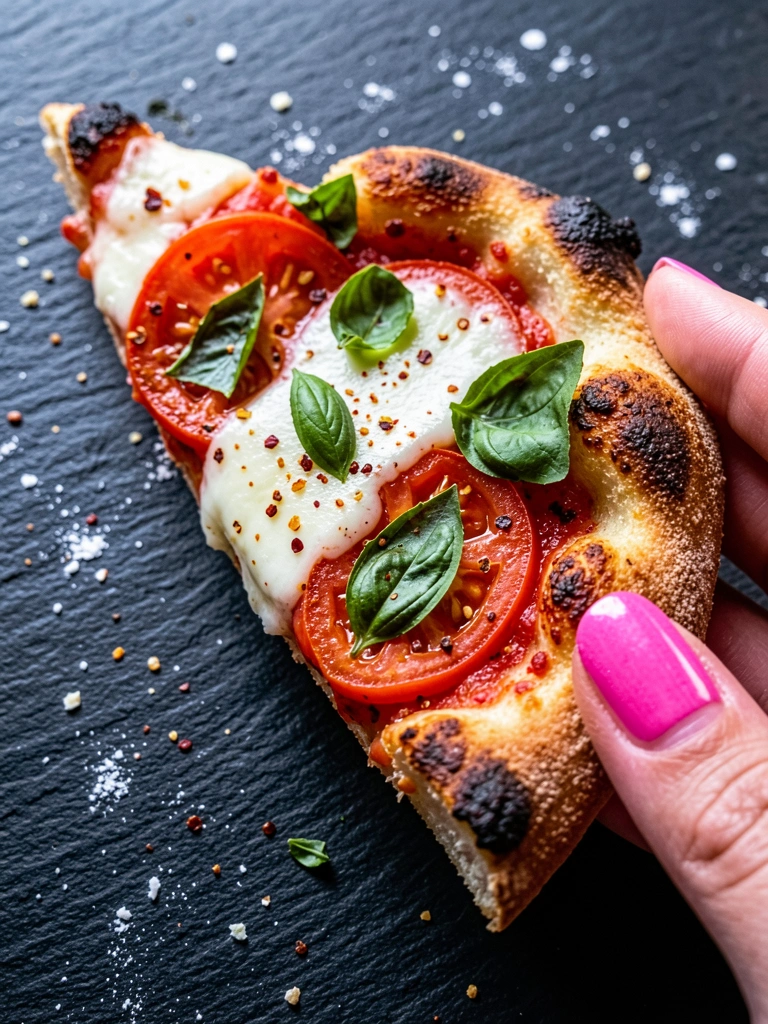 Fatia de pizza triangular com borda dourada e queimada, coberta com tomate, mussarela, manjericão e flocos de pimenta, segurada por mão com esmalte rosa vibrante sobre superfície de ardósia escura com farinha.
