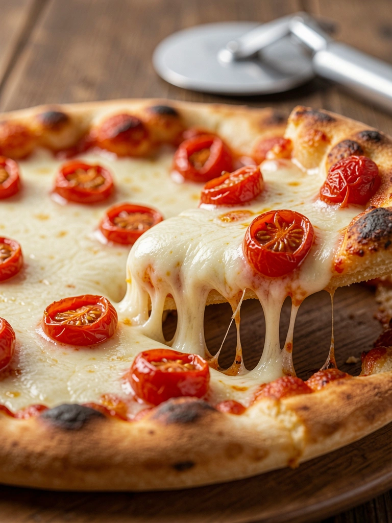 Pizza com muçarela derretida e tomates cereja frescos, fatia sendo levantada revelando queijo borbulhante, crosta dourada levemente queimada, fundo desfocado com mesa rústica de madeira e cortador de pizza prateado, iluminação quente e natural.