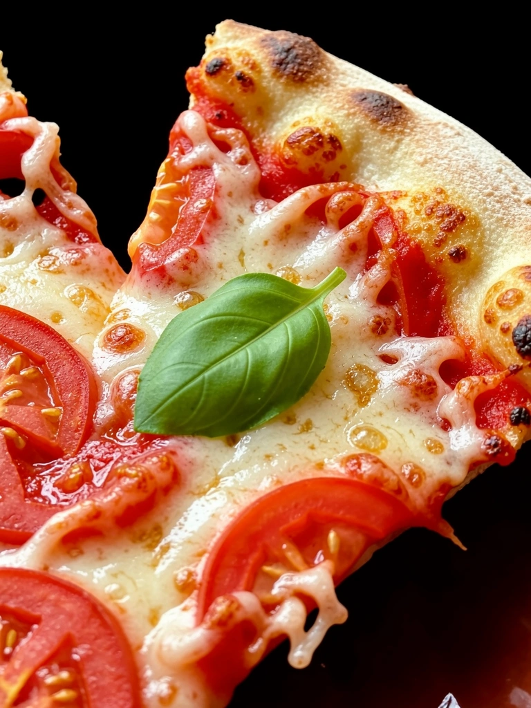 Fatia de pizza com borda dourada e bolhas, queijo derretido com fios, tomate e manjericão no centro, fundo preto.