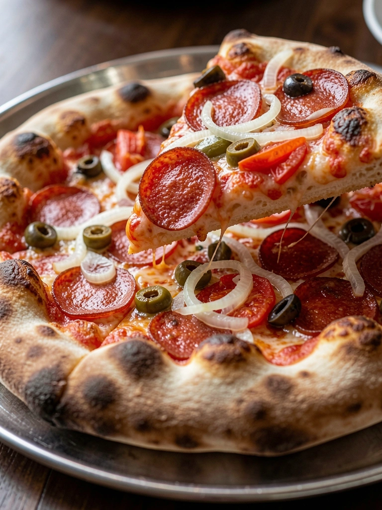 Pizza de pepperoni, cebola, azeitona verde e tomate, fatia sendo levantada sobre bandeja metálica, luz natural destacando crosta dourada.