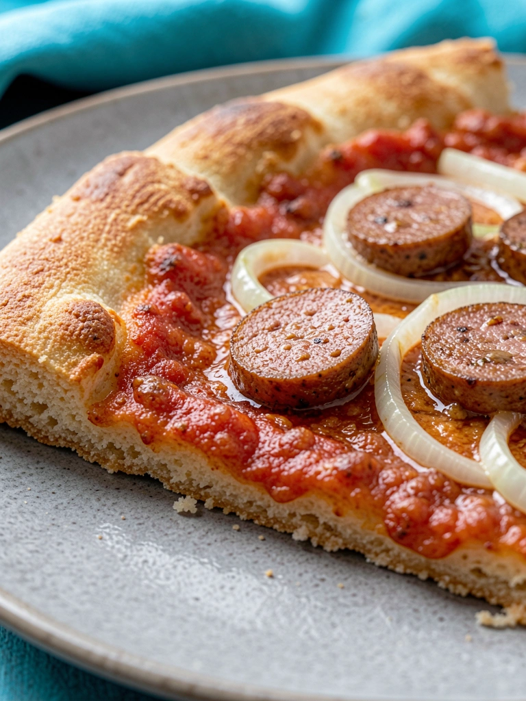 Fatia triangular de pizza sobre prato cinza, com borda dourada, molho vermelho brilhante, calabresa fatiada e cebola branca, luz natural suave.