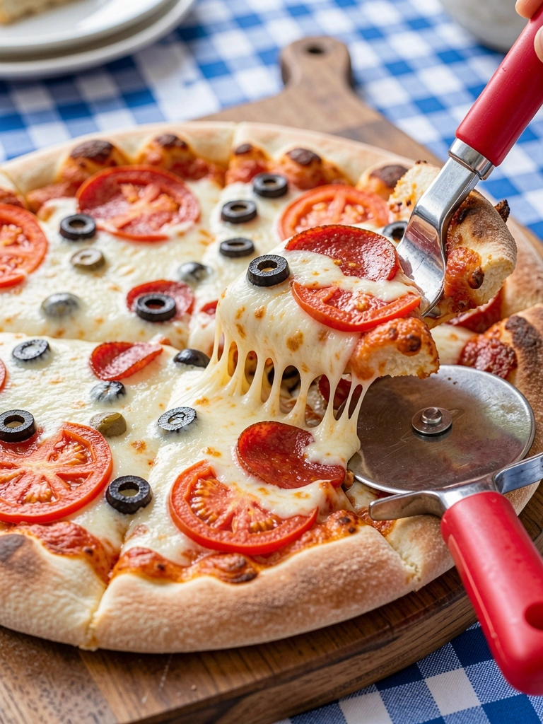 Pizza com pepperoni, tomate e azeitonas em tábua de madeira, cortador de pizza de cabo vermelho ao lado, fundo com toalha xadrez azul e branca, iluminação natural destacando texturas.
