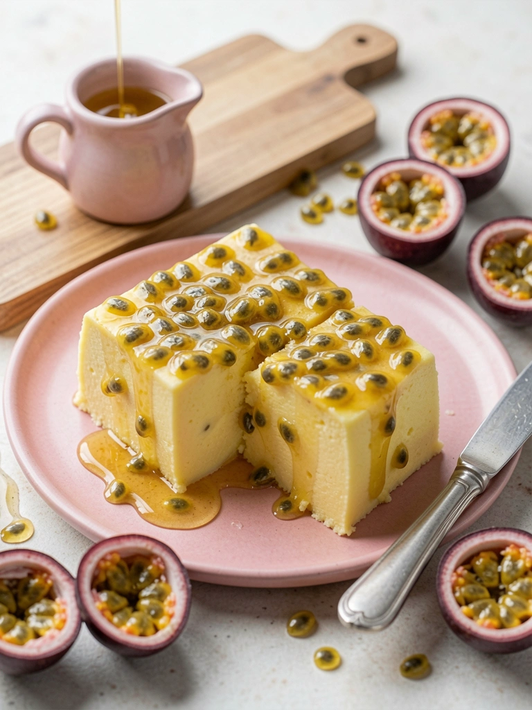 Pedaço retangular de mousse de maracujá com sementes frescas e calda dourada, ao lado de prato rosa, jarro de cerâmica, tábua de madeira e meia faca de prata; luz natural suave destaca texturas.
