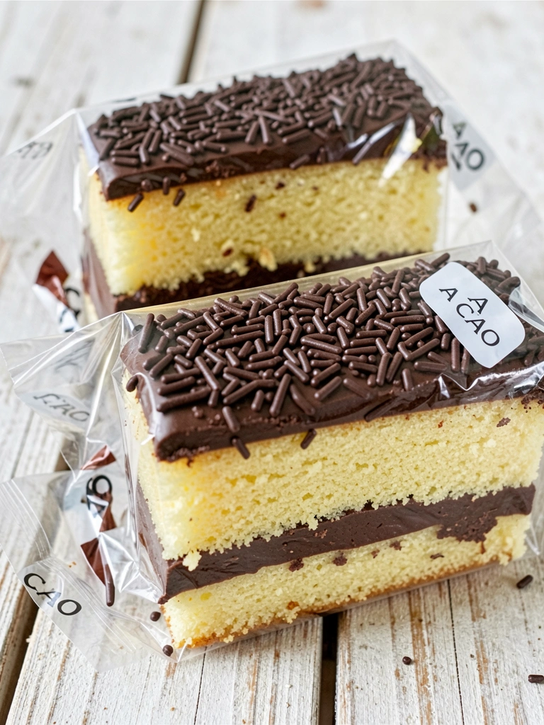 Fatias de bolo de chocolate embrulhadas em plástico transparente sobre mesa de madeira clara, com rótulo 