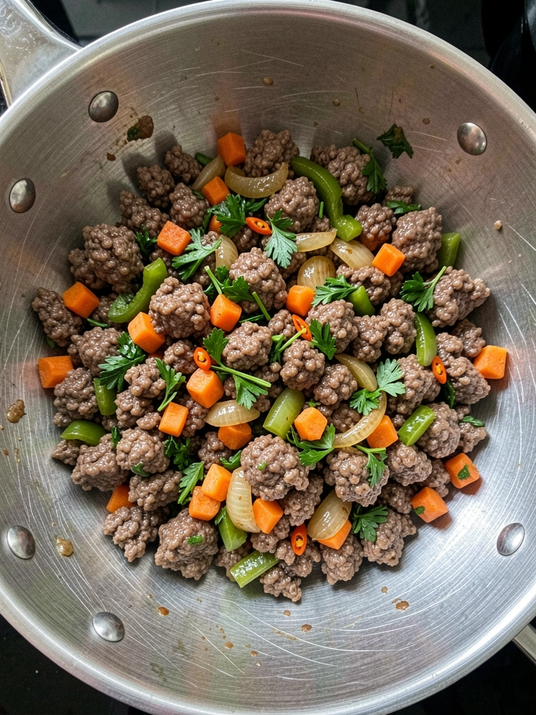 Panela com carne moída refogada, cebola e cheiro-verde, vista de cima