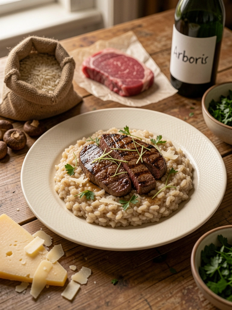Tigela com risoto de funghi e carne sobre mesa de madeira, com ingredientes ao redor