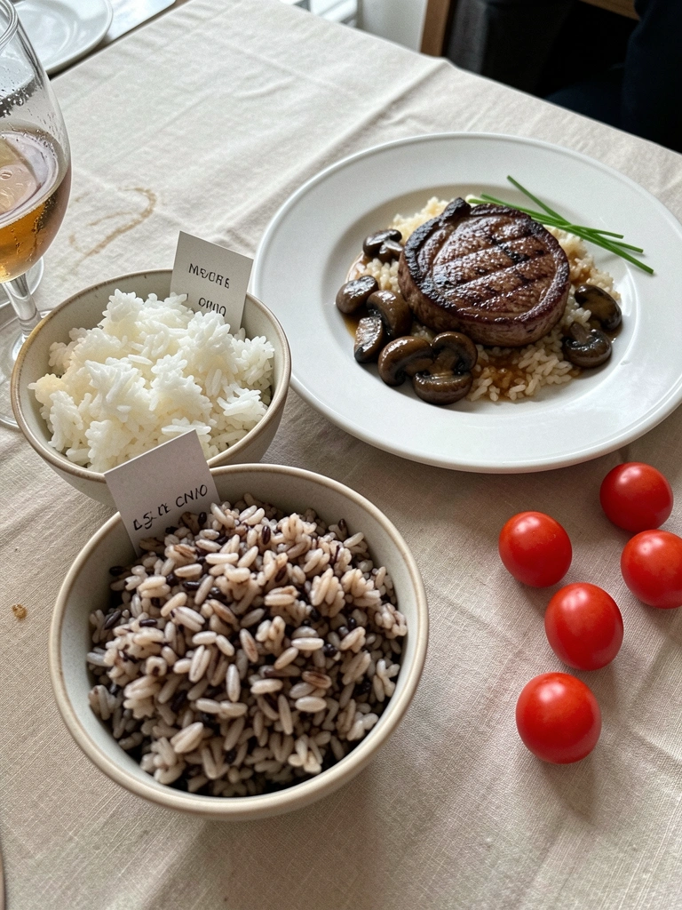Duas tigelas com variedades de arroz, rótulos visíveis em cada uma.