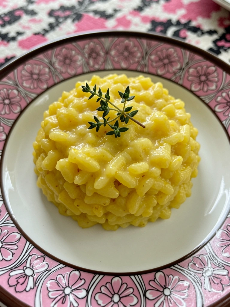 Risoto milanês cremoso em prato branco, com açafrão e queijo derretido