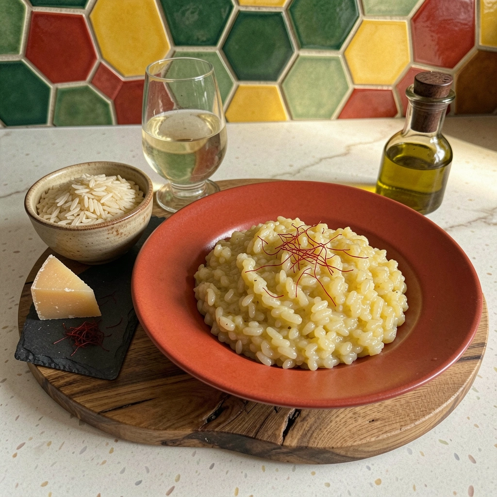 Arroz arbóreo, açafrão, parmesão e vinho branco sobre superfície de pedra