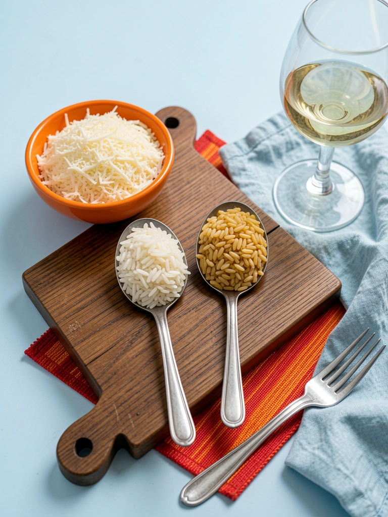 Colheres com arroz de grão curto sobre tábua de madeira