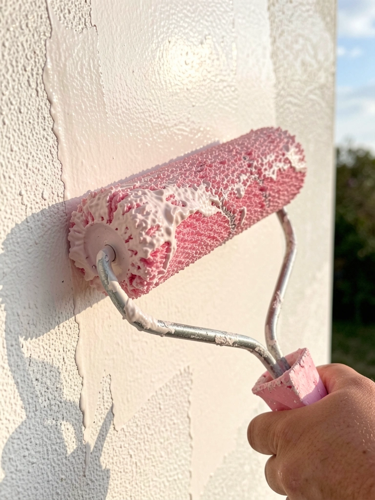 Rolo de pintura coberto de tinta branca criando textura rugosa em parede clara, mão segurando o cabo, luz natural.