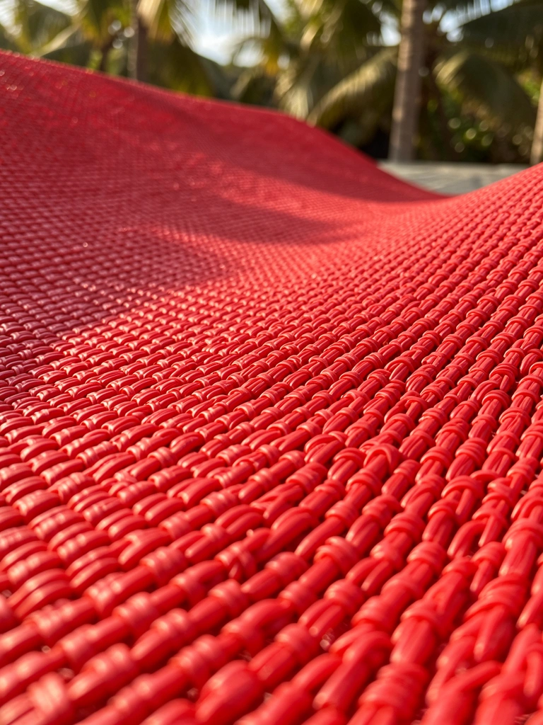Tapete de borracha vermelho vibrante com trama densa e textura detalhada, levemente curvado, iluminado por luz natural quente com fundo desfocado.