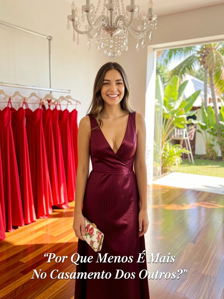 Vestido burgundy acetinado com decote V e listras sutis, mulher segura clutch floral, lustre de cristal reflete luz no assoalho de madeira.