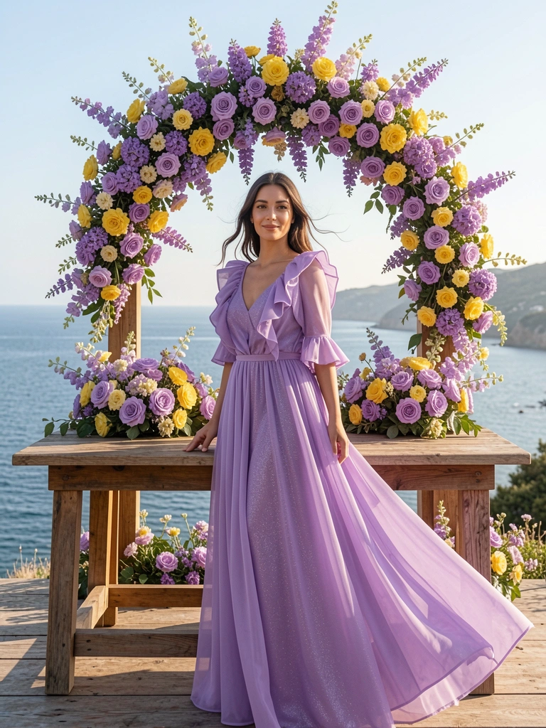 Mulher em vestido lavanda fluido com mangas franzidas, em pé ao lado de mesa rústica de madeira, com arranjo floral exuberante em estrutura arqueada ao fundo e vista do oceano.