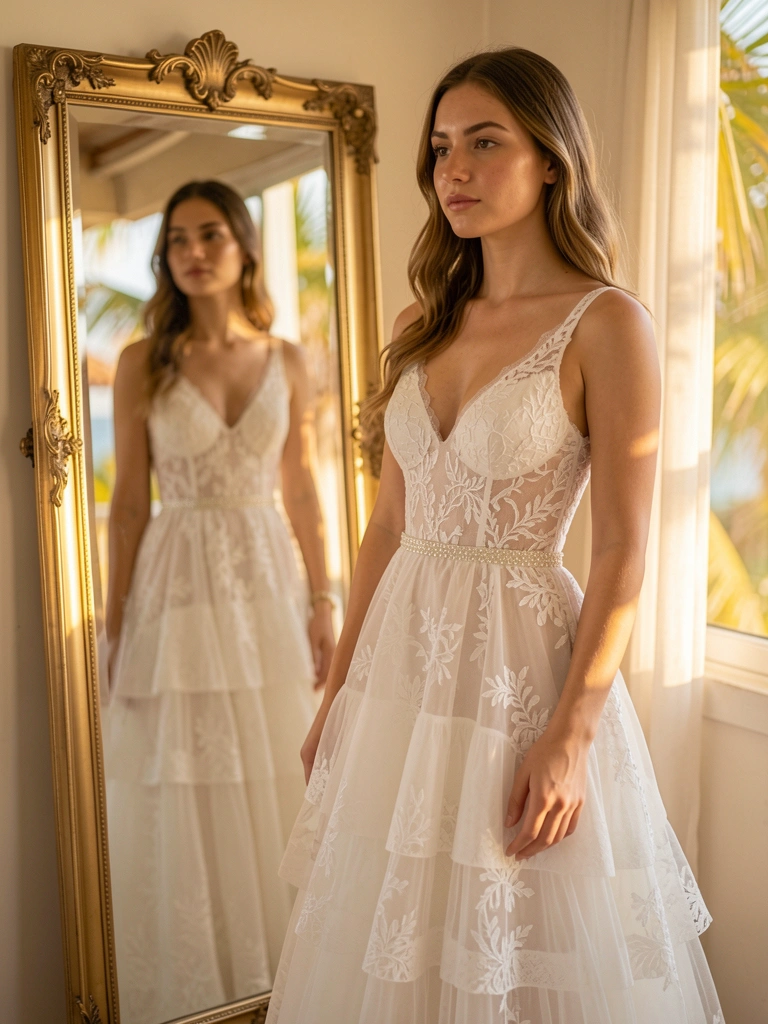 Mulher em vestido de renda branca em camadas em frente a espelho com moldura dourada, luz natural suave filtrando pela janela.