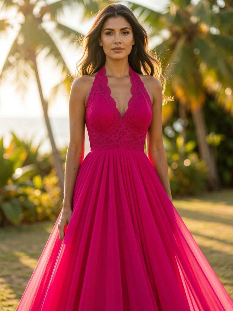 Vestido fúcsia de chiffon com decote halter e detalhes em renda, luz dourada do entardecer e fundo tropical desfocado.