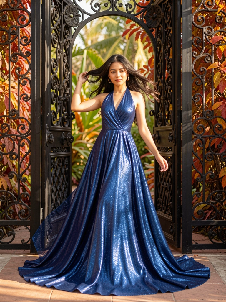 Vestido longo azul cintilante com decote halter em frente a uma porta preta de ferro forjado, folhagem outonal ao fundo, luz natural do dia.